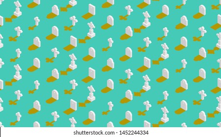 Graveyard with gravestone 3D isometric seamless pattern, Christian faithful rest in peace (rip) concept poster and banner vertical design illustration isolated on yellow background with space, vector