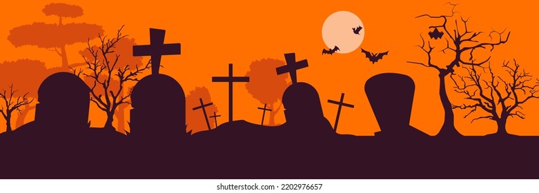 Graveyard and halloween, cemetery with bat, moon, tree and cemetery with lights and ghosts. Halloween landscape scene, small boneyard with tombstones and dry trees. Cartoon vector 