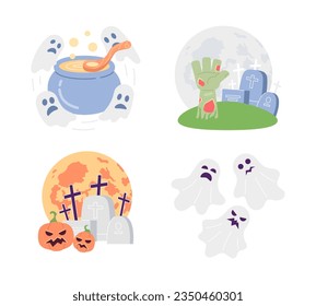Graveyard Halloween party flat concept vector spot illustration set. Spooky ghosts, tombstones 2D cartoon scenes on white for web UI design. Scary Helloween isolated editable creative hero image pack