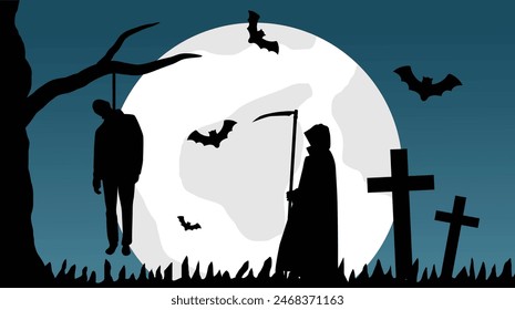 Graveyard with Hangman and Grim Reaper in the Moonlight. Halloween holiday and horror concept illustration