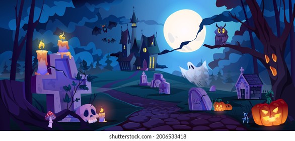 Graveyard and high spooky castle on top, cemetery with skulls and candles, pumpkins with lights and ghosts. Halloween landscape scene, small boneyard with tombstones and dry trees. Cartoon vector