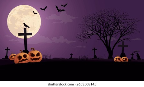 Paisagem cemitério na noite de Halloween com abóboras, morcegos, corvo, árvore morta silhueta, crucifixo e ilustração gráfica lua cheia.