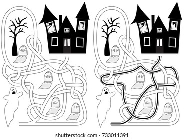 Graveyard maze for kids with a solution in black and white