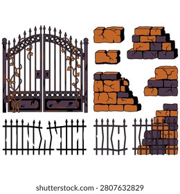 Graveyard modular fence asset pack with cracked brick columns and iron gate elements