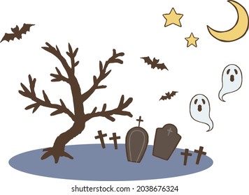 Graveyard at night. A bat and a monster are flying.