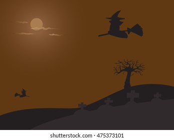 Graveyard at night and witch in the sky for halloween background.