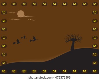 Graveyard at night and witch in the sky and Pumpkin head lantern for halloween background.