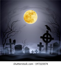 Graveyard at the night. Yellow moon. Headstone. Fog.