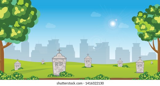Graveyard with old tombstones among green grass with flowers and trees on city buildings on background, memorial park, vector illustration.