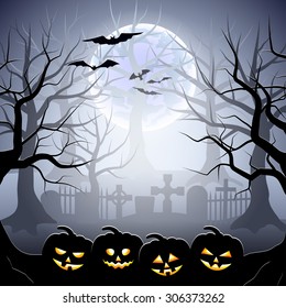 Graveyard and pumpkins in foggy forest Halloween background detailed vector