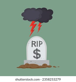 Graveyard RIP ripped dollar with dark clouds with lightning thunderstorm sign on it, illustration vector cartoon.
