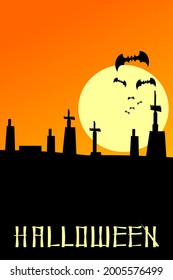 graveyard scene background at night and some bats, halloween