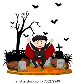 Graveyard scene with vampire and bats illustration