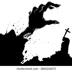 Graveyard scene with zombie hand silhouette coming out from its tomb.