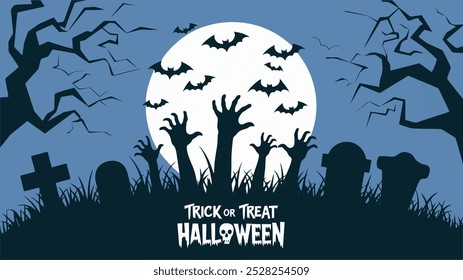 Graveyard scene with zombie hands rising and bats flying.