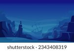 Graveyard of ships. ocean dark underwater landscape with damaged ships. Vector background