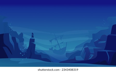 Graveyard of ships. ocean dark underwater landscape with damaged ships. Vector background