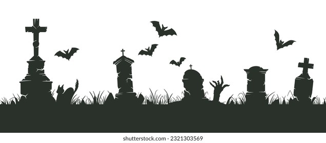 Graveyard silhouette border. Halloween spooky cemetery silhouettes, spooky halloween decoration with scary trees and gravestones flat vector illustration