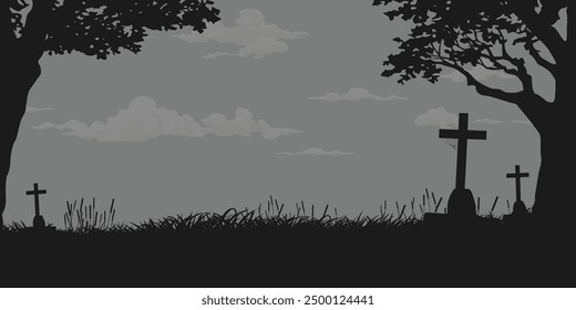 Graveyard silhouetted frame monochromatic colors flat design graphic illustration have blank space.