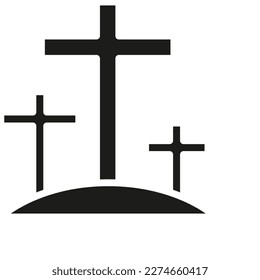Graveyard solid icon. Cristian crosses on hill. Tombstones. Vector Illustration.