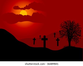 Graveyard in sunset - vector illustration