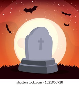 graveyard tombstone in cemetery scene vector illustration design