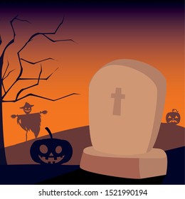 graveyard tombstone in cemetery scene vector illustration design