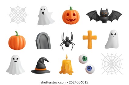 Lápide de cemitério e cruz, aranha e teia de aranha, fantasma e abóbora, chapéu de bruxa e cera derretendo na vela, olhos de biscoitos. Vetor em estilo 3d, Decoração com tema de Halloween para festa ou cartão postal