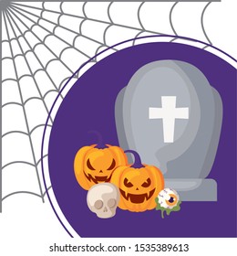 graveyard tombstone with icons of halloween vector illustration design