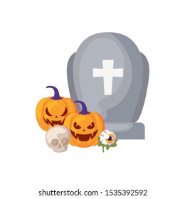 graveyard tombstone with icons of halloween vector illustration design