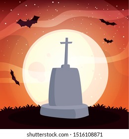 graveyard tombstone with moon in scene of halloween