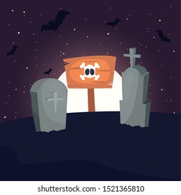 graveyard tombstone with moon in scene of halloween vector illustration design