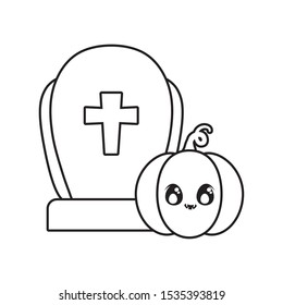 graveyard tombstone with pumpkin of halloween vector illustration design