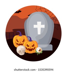 graveyard tombstone in scene halloween vector illustration design