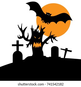 Graveyard and tree with bat in full moon night., vector illustration