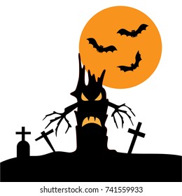 Graveyard and tree with bat in full moon night., vector illustration