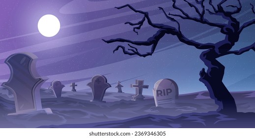 Graveyard Under the Shining Moon and Dead Tree Silhouettes ilustración vectorial