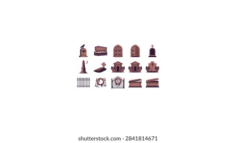 Graveyard vector elements including tombstones coffins crypts and cemetery gates for Halloween and game design
