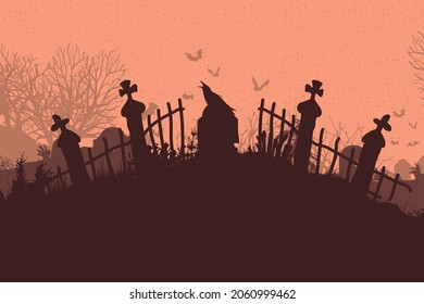 graveyard with zombies and monsters with tombstones and crosses. Vector