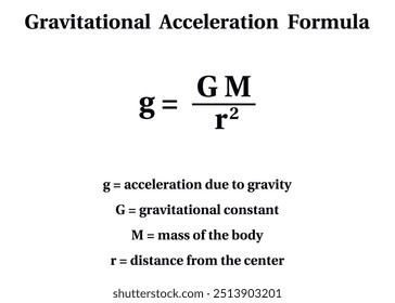 Fórmula de aceleración gravitacional sobre el fondo blanco. Educación. Ciencia. Escuela. Fórmula. Ilustración vectorial.