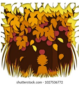 Gravitational energy concept with autumn apple tree, falling apples and leaves and sitting boy. Kinds of energy, science for kids. Paper cut out style vector