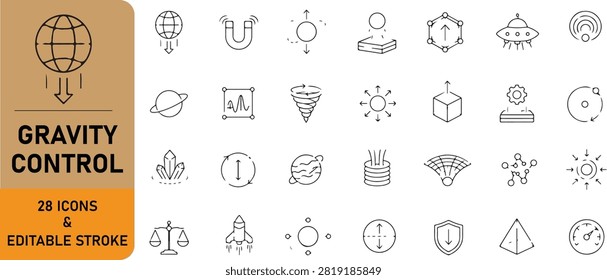 Gravity control line icon set featuring 28 editable stroke symbols for gravitational force, attraction, motion, physics, space, energy, and scientific concepts.