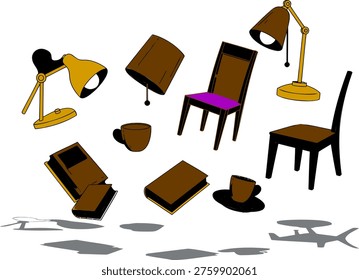 Gravity defying household items. Hand drawn style illustration of desk lamps wooden chairs books and mugs in air