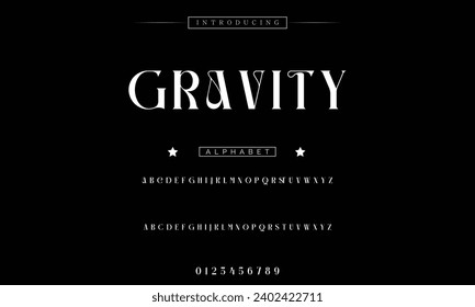 Gravity Lettering Minimalist Fashion. Elegant alphabet letters serif font and number. Typography fonts regular uppercase, lowercase.