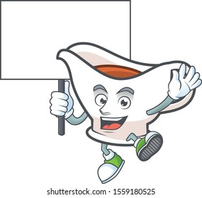 Gravy boat cartoon character with mascot bring board.