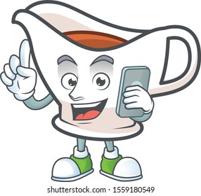 Gravy boat cartoon character with mascot with holding phone.