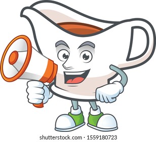 Gravy boat cartoon character with mascot with holding megaphone.