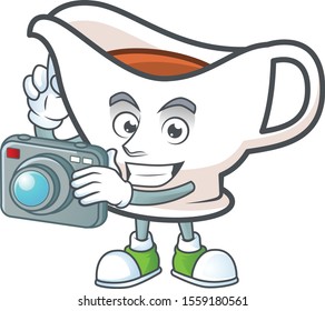 Gravy boat for dish with photographer mascot.