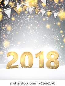 Gray 2018 New Year background with golden flags. Vector illustration.