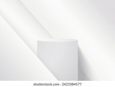 graues 3D-Zylinder-Ständer-Podium mit Dreieck-Hintergrund. Abstrakte Minimalszene für Produktmusterungen, Rundbühne für Showcase, Promotion-Display.